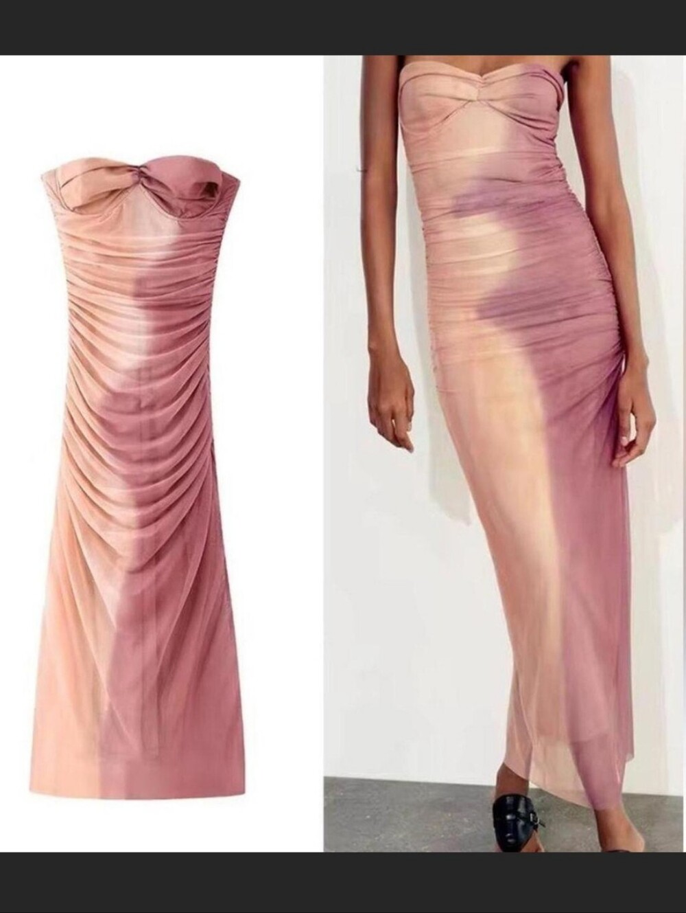 Strapless Ruched Ombre Sheer Maxi Dress - Blush Pink
